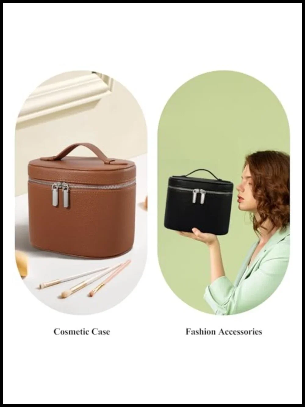 Leather Makeup Bag with Handle and Compartments, Travel Cosmetic Organizer